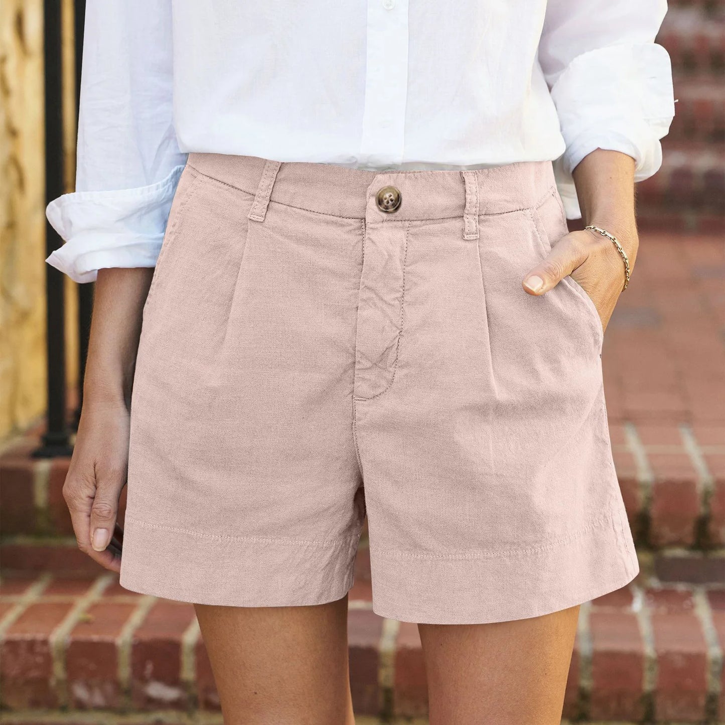 Solid Color Regular Zipper And Button High Waist Soft Stretch Twill Short Side Pockets Shorts Fashion Versatile Outdoor Pants