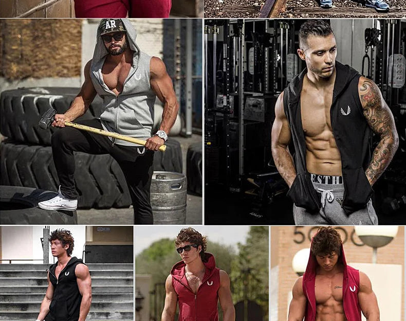Men's Running Fitness Sleeveless Hooded Sweatshirts Jackets For Man Zip Hoodie Vest Gym Clothing Sportswear Jogging Tracksuits