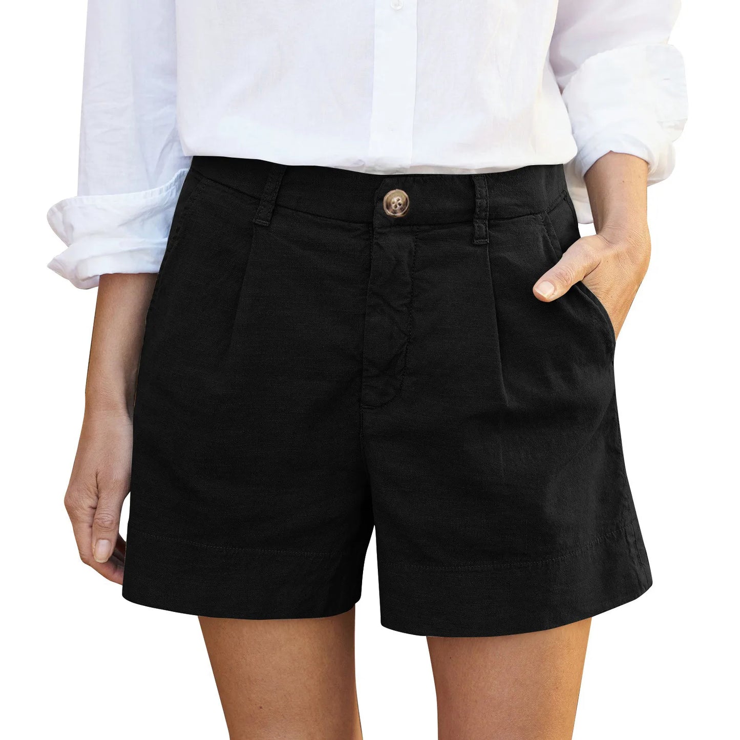 Solid Color Regular Zipper And Button High Waist Soft Stretch Twill Short Side Pockets Shorts Fashion Versatile Outdoor Pants
