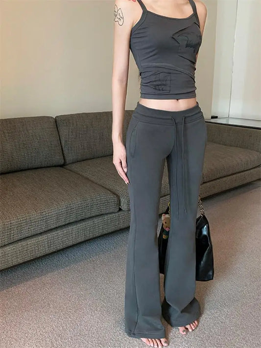 Autumn Winter Sweatpants Low-waisted Trousers Black Grey Drawstring Flare Pants Streetwear High Quality Women Long Pants