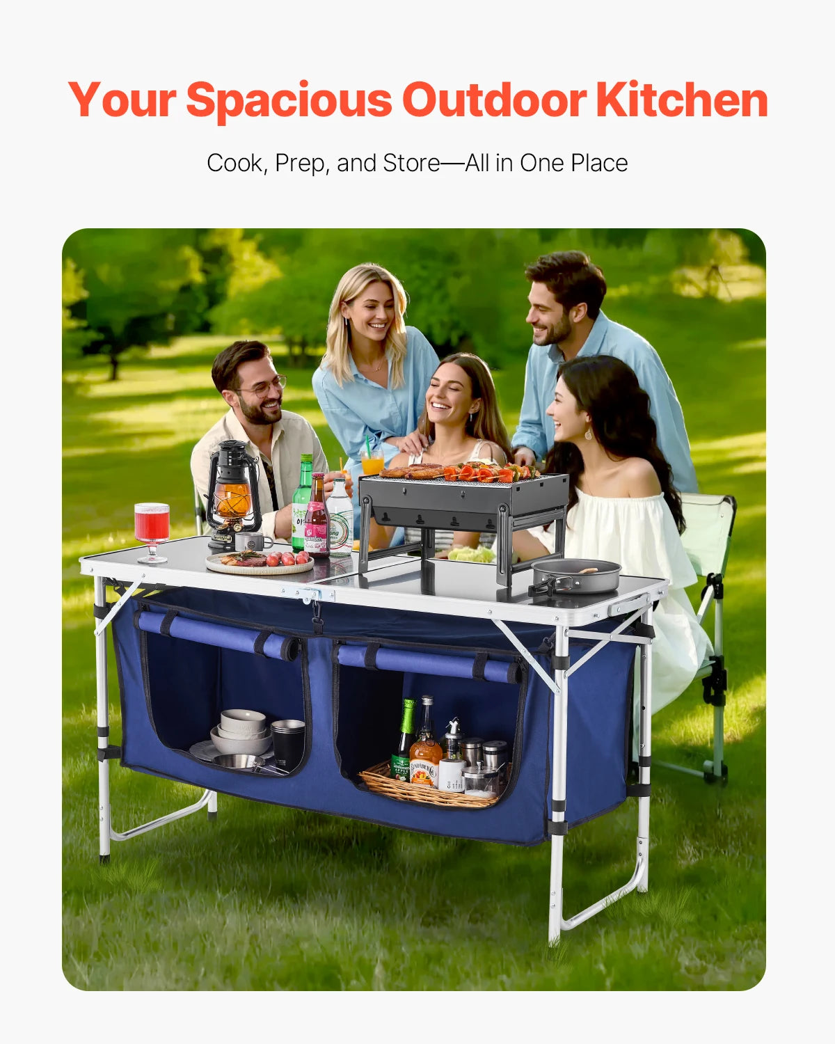 camping Kitchen Table Folding Outdoor Cooking Table Aluminum Lightweight Portable Cook Station Foldable Camp Table for BBQ