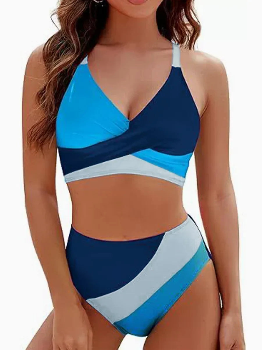 Women 2 Pieces Bikini Set Patchwork V-Neck Sleeveless Tops Thong Bottoms Beach Bathing Suit for Women