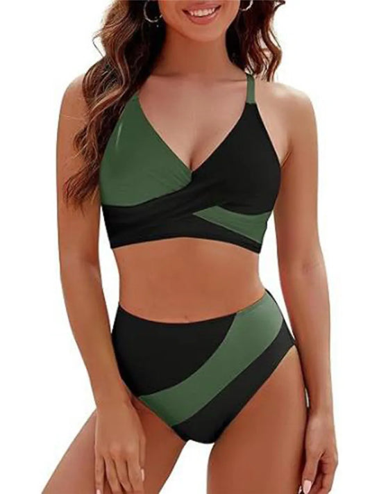 Women 2 Pieces Bikini Set Patchwork V-Neck Sleeveless Tops Thong Bottoms Beach Bathing Suit for Women